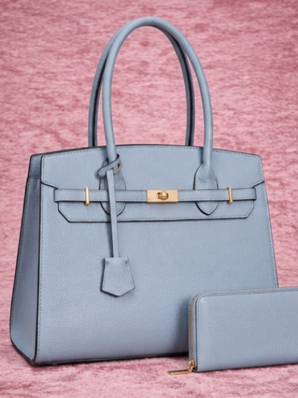 TU.LUXE “Madison” Leather Birkin-Style Bag w Crossbody Strap, NWT light blue